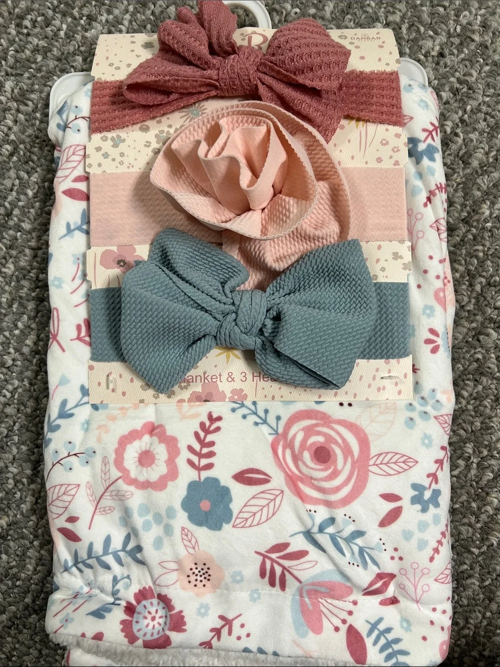 Floral Baby Blanket with 3 Knotted Headbands - Pink, Dusty Rose & Blue Gray